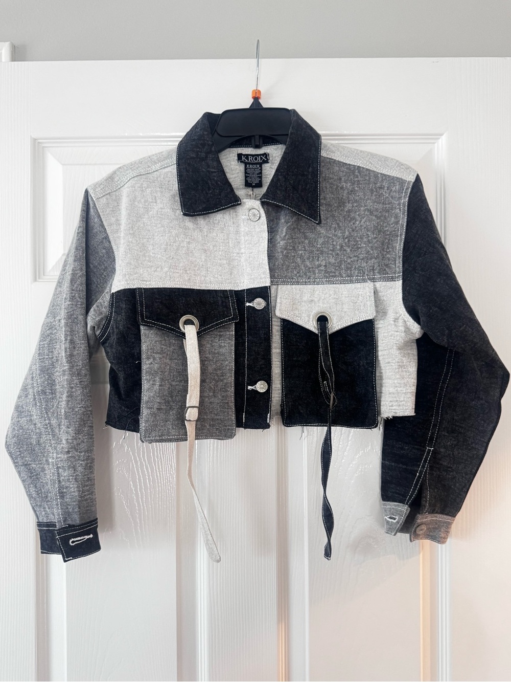 Cropped color block denim jacket